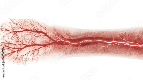 Sciatica concept. Abstract illustration of a red, organic structure resembling veins or roots, conveying a sense of life and energy.