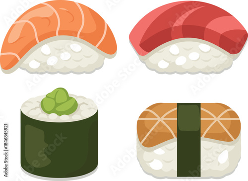 Flat vector sushi icons set with nigiri and maki