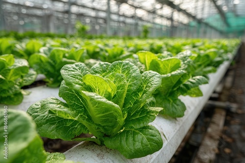 Green leafy vegetables growing in a hydroponic system inside a bright greenhouse