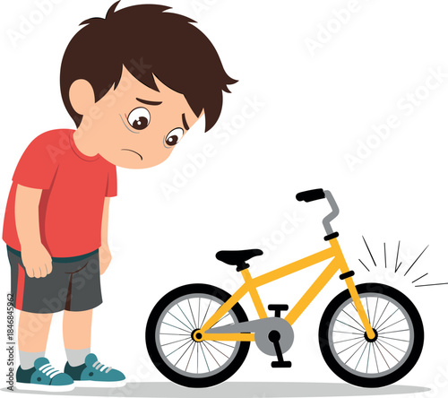 Sad Cartoon Boy Looking at Broken or Flat Tire on His Bicycle Vector
