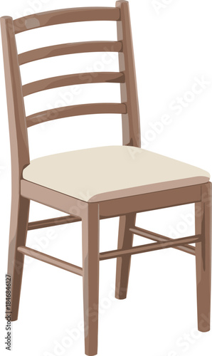 Wooden dining chair with upholstered seat, isolated 3D render on white background