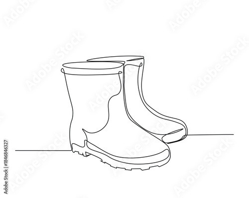 One continuous line drawing of farmer boots. Rubber boots outline drawing illustration.