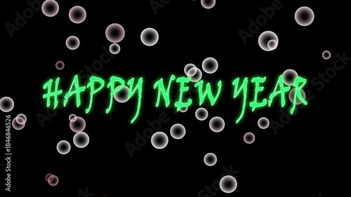 Happy New Year blue text banner loop animation isolated word on black background, Sparkling celebration in winter wonderland with glowing lights and moonlit snow animation holiday