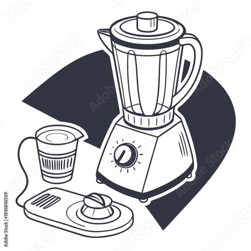 Hand drawn illustration of a blender and a separate measuring cup with a control panel, stylized in black and white with a dark background shape
