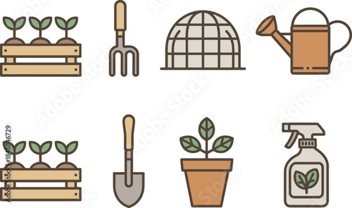 Gardening icons set illustration, plant care tools watering can greenhouse pots, minimalist flat vector nature symbols collection