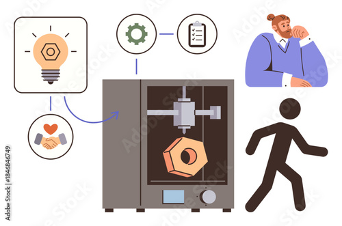 3D printer producing geometric object with workflow diagrams, innovation, teamwork, and goal representation. Ideal for tech, creativity, teamwork, engineering, strategy planning simple flat