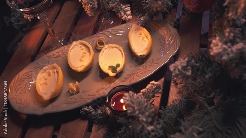 Lemon Posset Dessert with Red Wine in Christmas Setting