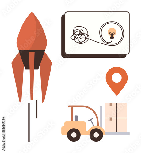 Rocket launching upward, tablet with creative idea, location pin, and forklift carrying boxes. Ideal for logistics, innovation, technology, startup, business growth delivery modern solutions