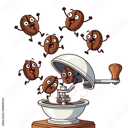 Enthusiastic coffee beans joyfully engaging with a manual grinder creating a whimsical breakfast scene