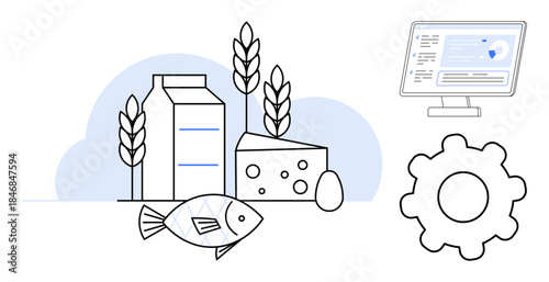 Food transparency, nutrition technology, supply chain, safety, digital systems, production processes. Milk, cheese fish wheat monitor and gear. Food transparency and nutrition technology concept