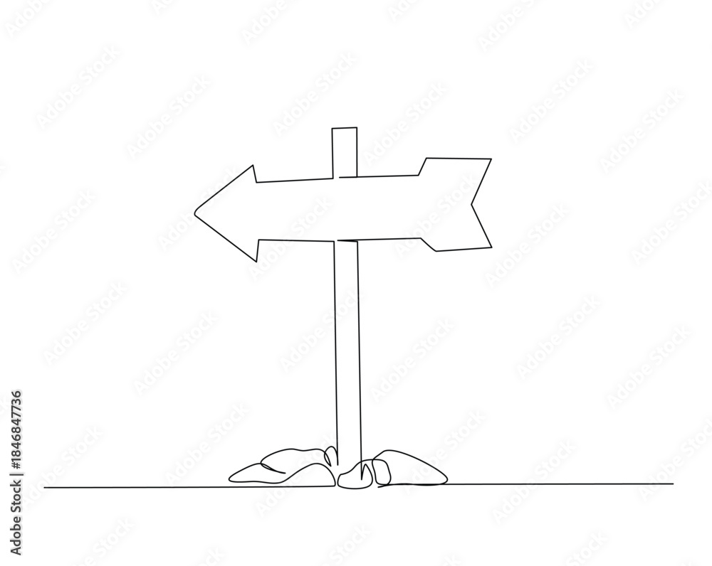 Fototapeta premium One continuous line drawing of road direction sign boards. Wooden sign board outline drawing illustration.