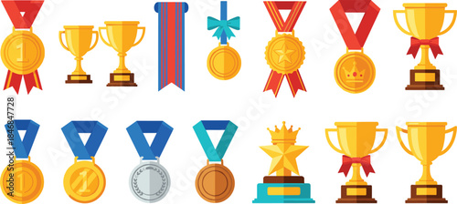 Awards and Trophies Vector Illustration Set Featuring Gold Silver Bronze Medals, Cups, and Achievement Prizes for Sports Competitions, Business Success, and Winner Recognition Design Projects