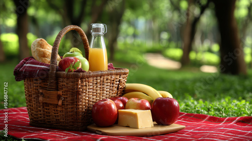 Fototapeta Naklejka Na Ścianę i Meble -  Picnic basket food outdoor park on red blanket, fresh fruit juice bread cheese under tree shade creates peaceful summer relaxation scene