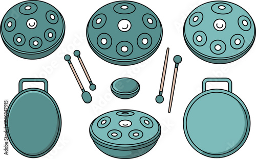 Handpan drum illustration set with mallets and carrying cases