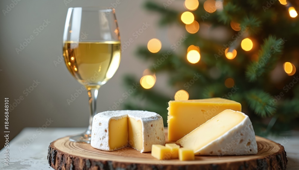 Obraz premium Several cheese varieties rest on wooden board with wine glass. Christmas tree lights sparkle in background. Cozy winter celebration food scene.