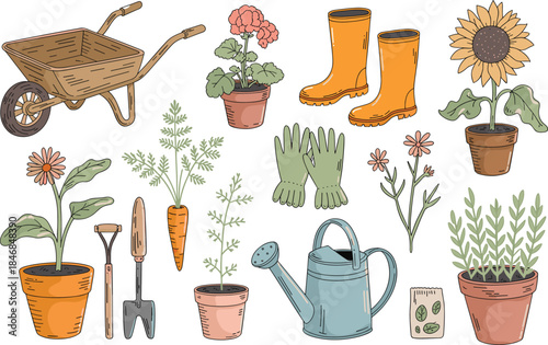 Gardening icons set illustration, plant care tools watering can greenhouse pots, minimalist flat vector nature symbols collection