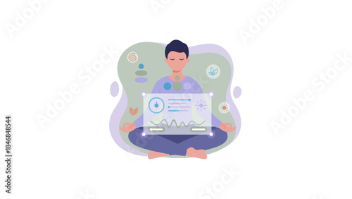 A person meditating in a lotus position with a transparent screen displaying health and wellness data, illustrating digital mindfulness and self-monitoring.