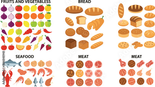 Food Categories Vector Illustration Set Featuring Fruits, Vegetables, Bread, Seafood, and Meat Collections for Grocery Stores, Nutrition Charts, Menu Design, and Educational Food Graphics