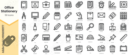 Set of office stationery icons. Simple line art style icons pack. Vector illustration