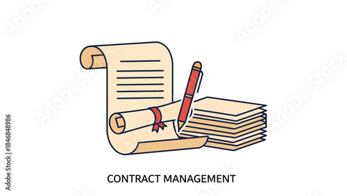 Contract management concept with documents and pen