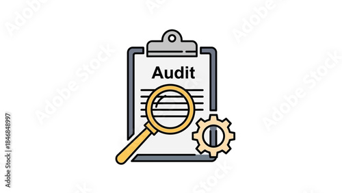 Audit document with magnifying glass and gear icon for business analysis