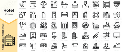 Set of hotel icons. Simple line art style icons pack. Vector illustration