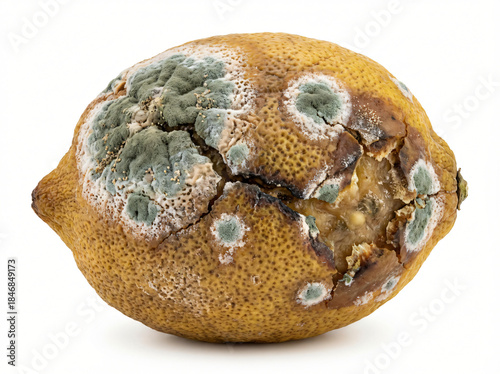 Moldy Lemon with Advanced Fungal Decay Isolated on White - emon affected by advanced fungal mold decay with green and white spores, cracked peel, and rot texture.