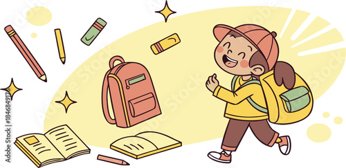 Back to School Concept with Happy Schoolgirl Wearing Backpack Surrounded by Stationery Supplies, Colorful Vector Illustration for Education Design