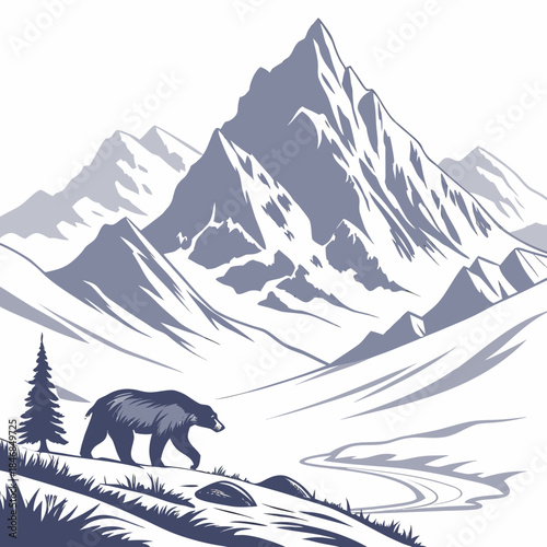 Arctic mountain range with ice fog bear walking