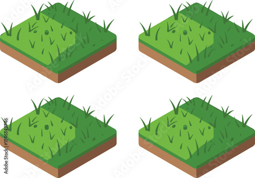 Isometric grass tiles illustration, green terrain blocks set, game environment assets, modular landscape elements, clean vector design