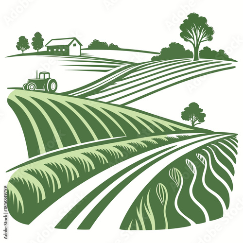 Green tractor plowing rolling hills farm landscape with barn and trees