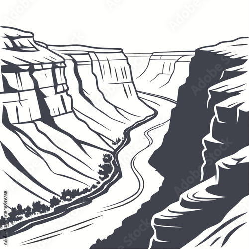 Monochrome canyon landscape with winding river and steep cliffs
