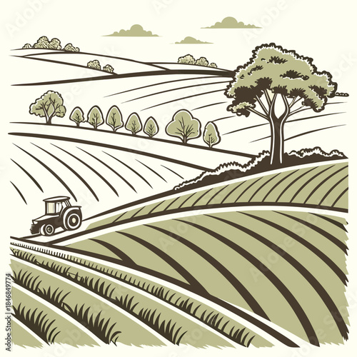 Rolling farmland with tractor and trees rolling hills