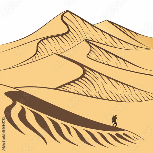 Desert dune waves with sharp curves and a lone runner