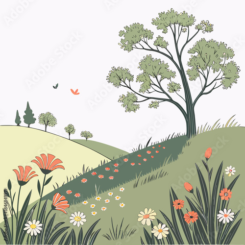 Green hillside covered with wildflowers and trees orange