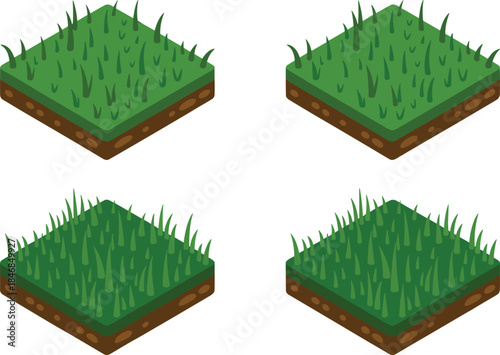 Isometric grass tiles illustration, green terrain blocks set, game environment assets, modular landscape elements, clean vector design