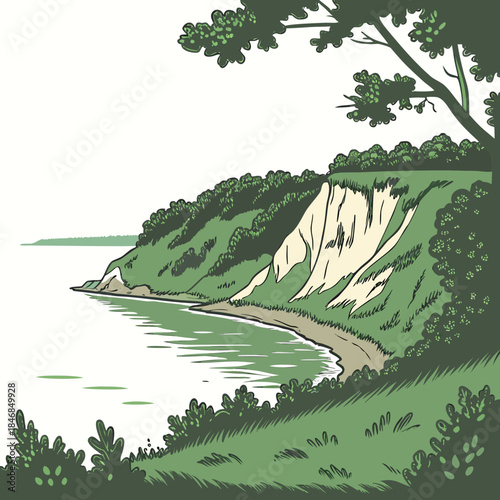 Green coastal bluff overlooking calm water green landscape