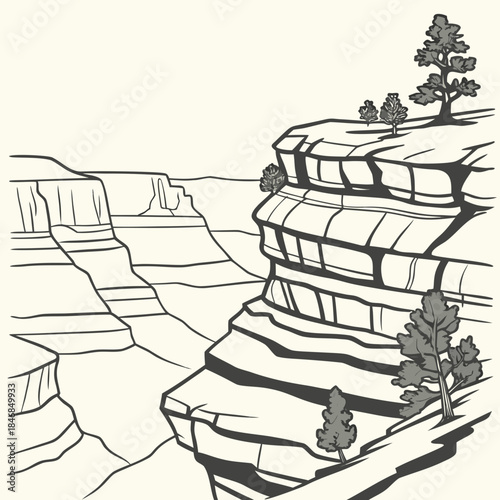 Layered canyon rock formation with trees cliff