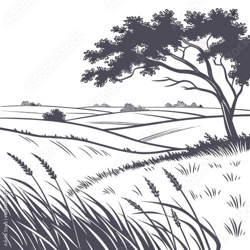 Monochrome of tree on rolling hills with blowing grass