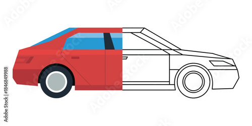 Half colored sedan car coloring page Vector illustration