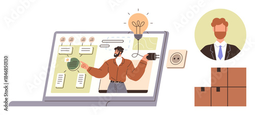 Man presenting innovative ideas using a laptop with diagrams and lightbulb concept, a profile image, and packed boxes. Ideal for coaching, training, productivity, e-commerce, education, innovation