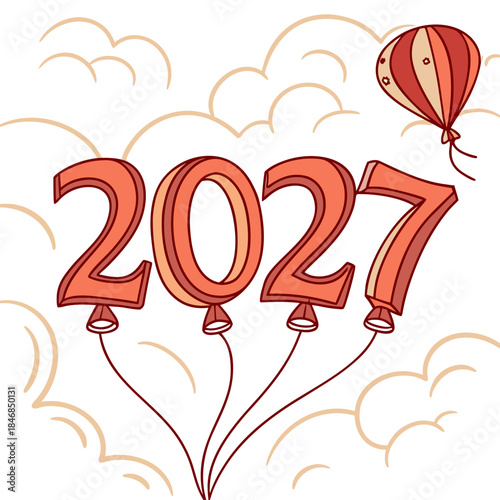 Orange balloons shaped like 2027 floating in the air with a hot air balloon