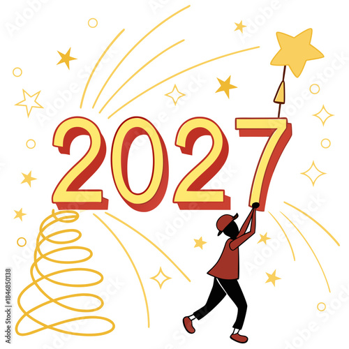 Person placing star on 2027 with festive golden decorations