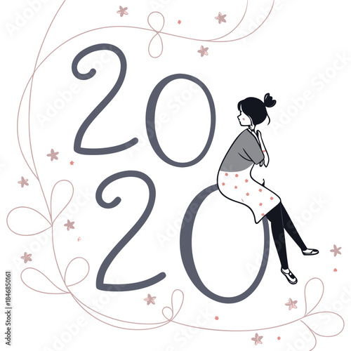 Woman sitting on 2020 number with floral number 2020