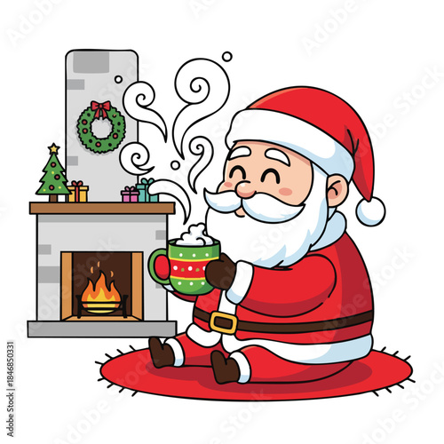 Festive Santa Claus enjoys a warm beverage by a crackling fireplace adorned with Christmas decorations creating a cozy holiday scene