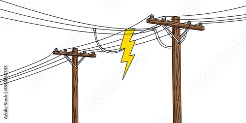 Electric power lines on wooden utility poles with lightning symbol, electricity distribution concept illustration, energy infrastructure warning, isolated white background design