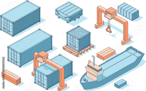 Isometric shipping and logistics illustration with cargo containers, cranes, warehouse, and ship