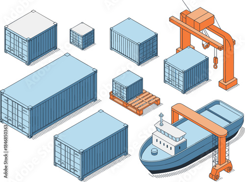 Isometric shipping and logistics illustration with cargo containers, cranes, warehouse, and ship