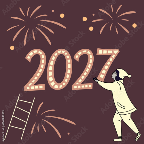 Person in santa hat placing illuminated 2027 digits with ladder and fireworks