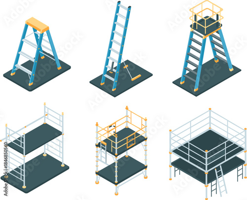Isometric ladders and scaffolding structures set for construction and maintenance work